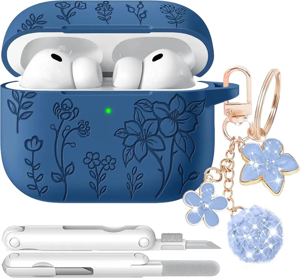 for Airpods Pro 3 Case, Flower Engraved Case Cover Compatible with AirPods Pro 3rd Generation 2025, Soft Silicone Cases with Cute Keychain & Cleaner for Women Girly, Shockproof