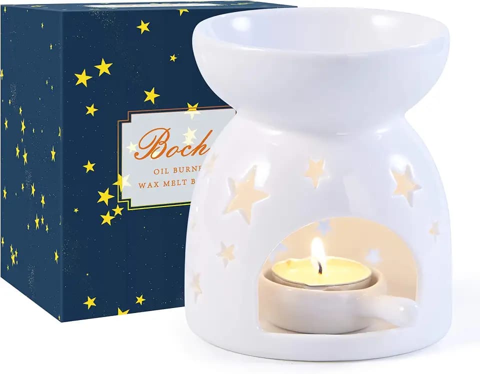 Keramik Duftlampe Aromalampe mit Geschenkbox, Teelichthalter Kerzenhalter Set Sternchenmuster Aroma Diffuser