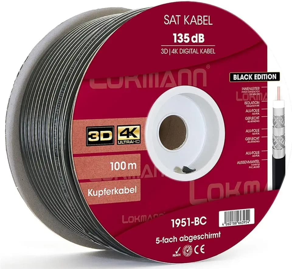 Koaxialkabel 100m Reines-Kupfer 5-Fach geschirmt 135dB, Sat Kabel