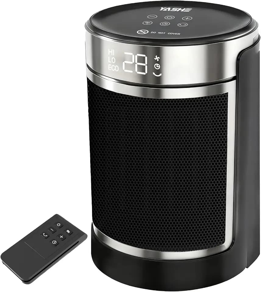 YASHE Heizlüfter 1500W/750W, 34 dB leise, PTC-Keramik, Thermostat 5–36 °C (±1°), 70° Oszillation, 24 h Timer, ECO/HI/LOW/FAN, Fernbedienung, Kippschutz, Überhitzungsschutz, V0, für Schlafzimmer