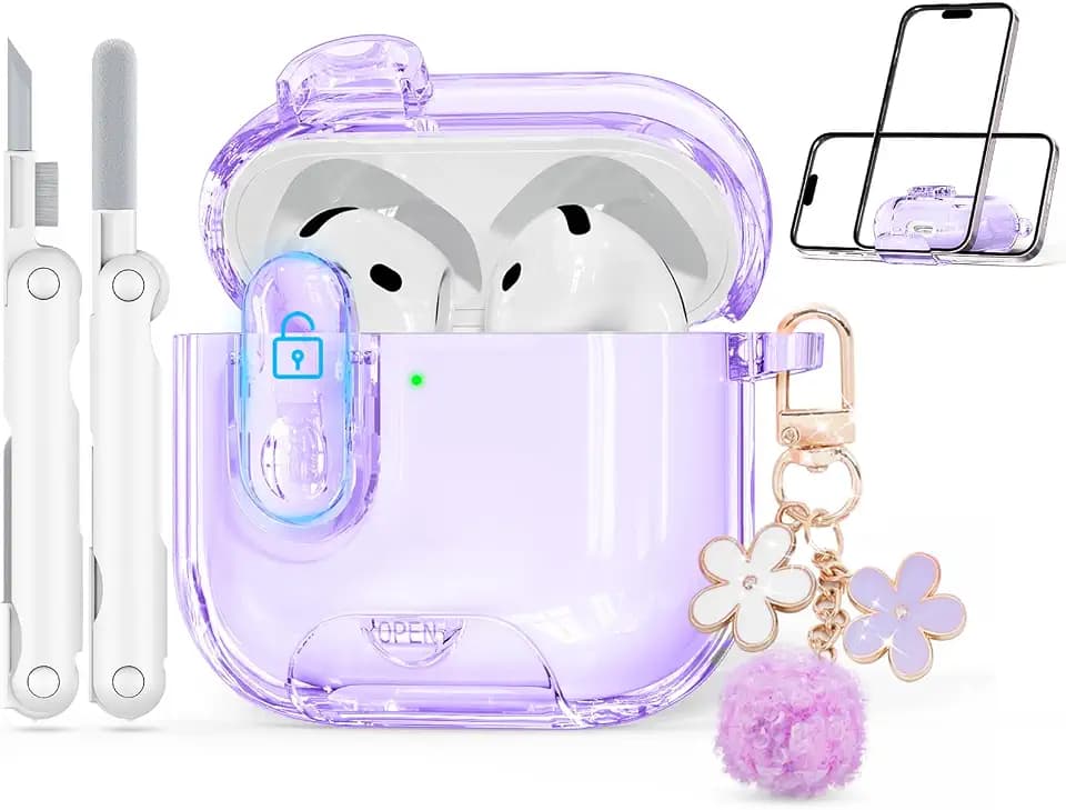 for AirPods 5/4 Case (2026/2024) with Safety Lock,Clear Purple