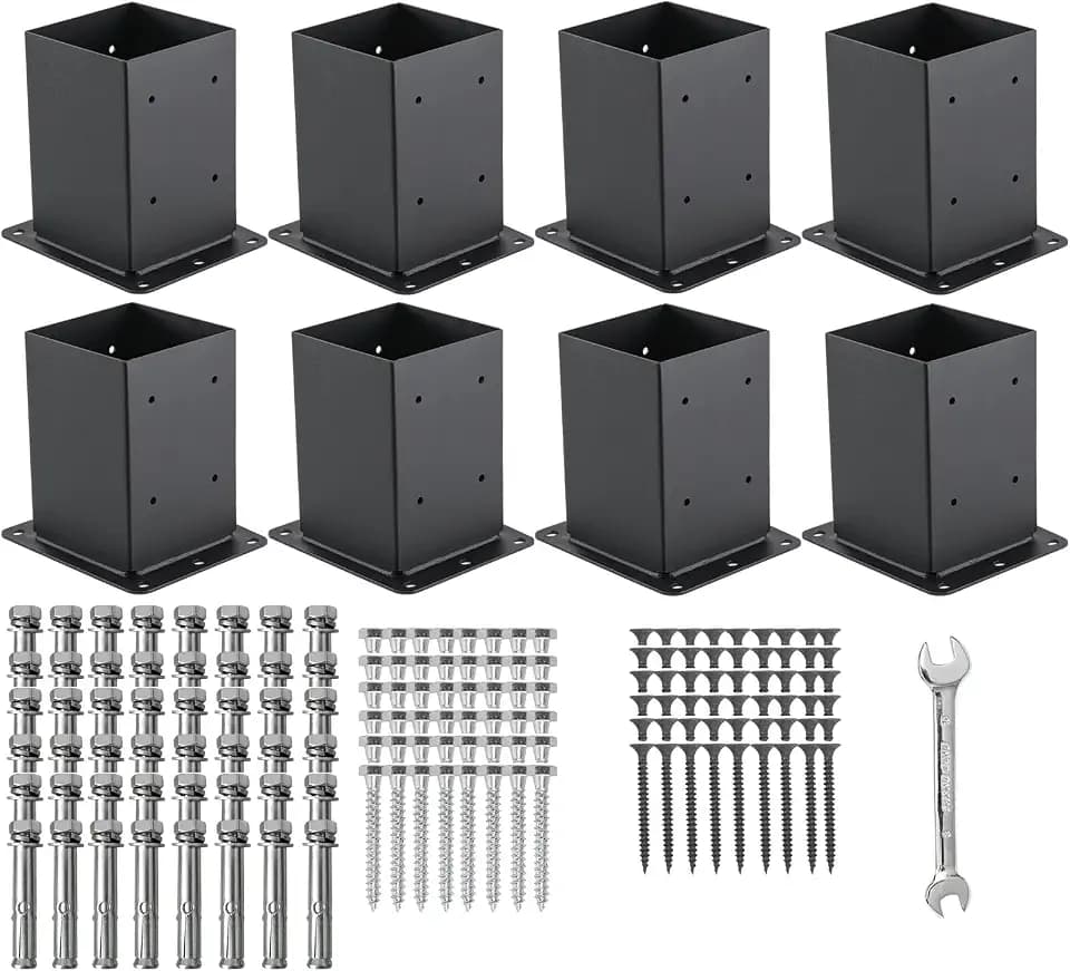 4x4 Post Base 8 Pcs, (Inner Size 3.6x3.6) Post Anchors, 13GA Thick Solid Steel & Black Powder Coated,Deck Post Brackets Support Deck Base Plate Pergola Brackets Fence Kit Mailbox Mount…