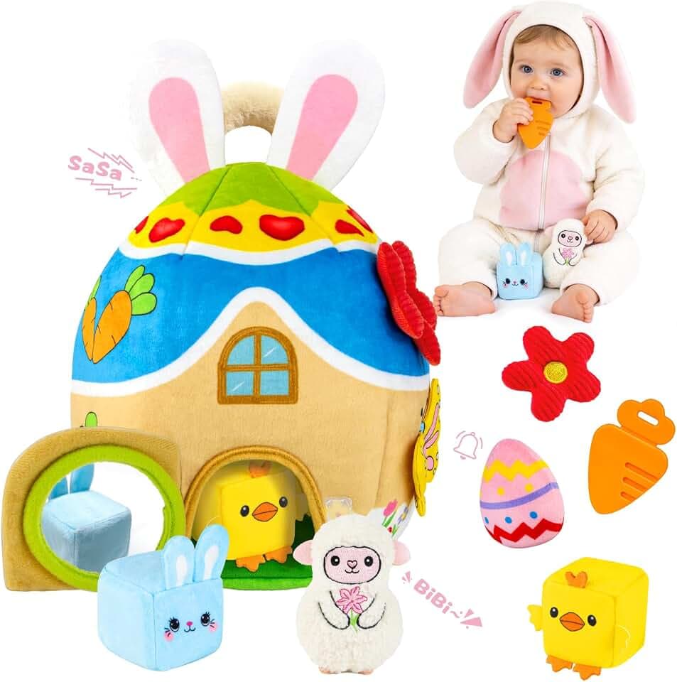 Baby Toys 6-12-18 Months - My First Plush Bunny Burrow with Stuffed Animals, Rattle, Crinkle, Teether, Montessori Sensory Toys for Babies Toddlers 1-3, Baby Block Stacking Toy for Boys Girls Gifts