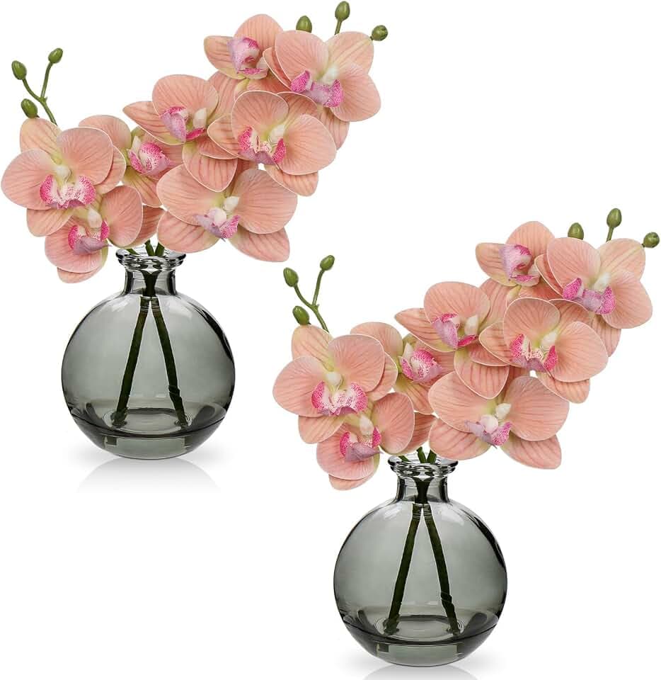 Oairse Pink Rose Orchid Artificial Flower Faux Orchid Arrangement with Vase