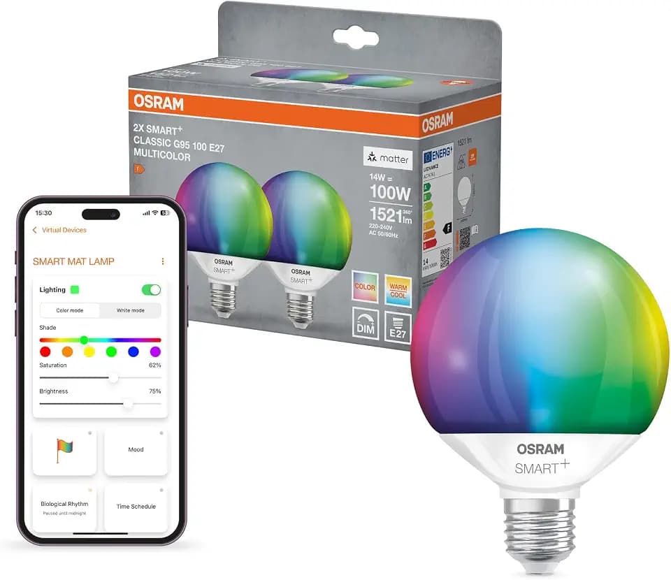 Osram SMART+ Globe Birne mit Matter over Wifi, Vorteilspack mit 2 Stück, E14-Sockel, 14W, 16 Mio RGB-Farben, warmweiß-tageslichtweiß (2700-6500K), funktioniert mit Alexa, Google und Apple, 2er-Pack
