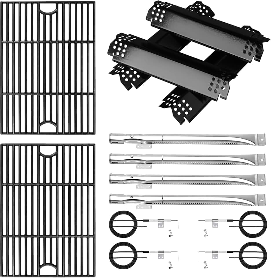 Cast Iron Cooking Grate,Heat Shield and Burner Kit for Nexgrill Replacement Parts 4-Burner 720-0830H 720-0830H,720-0888N,720-0888,720-0864,720-0896B,for Uniflame,Kenmore,Nexgrill 4&5-Burner Gas Grill