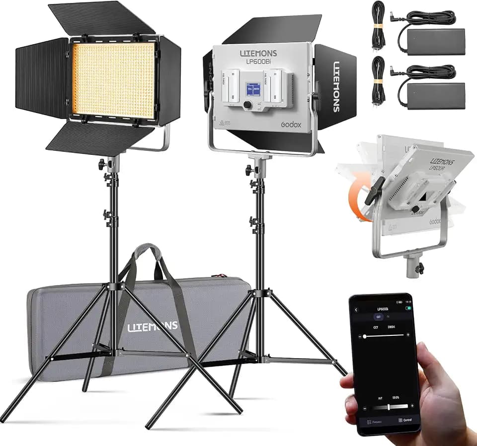 Godox LP600Bi 60W Bi-Color LED Light Panel 2-Light Kit, 2-Pack with Light Stand, Carrying Case, Battery Power, 2800-6500K, 9020lux@0.5m,APP Control for YouTube Video Recording, Live Streaming