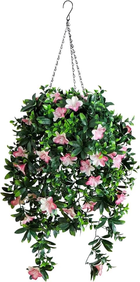 Nearly Natural 34in UV Resistant Artificial Azalea Hanging Basket - Pink Blooms - Indoor/Outdoor
