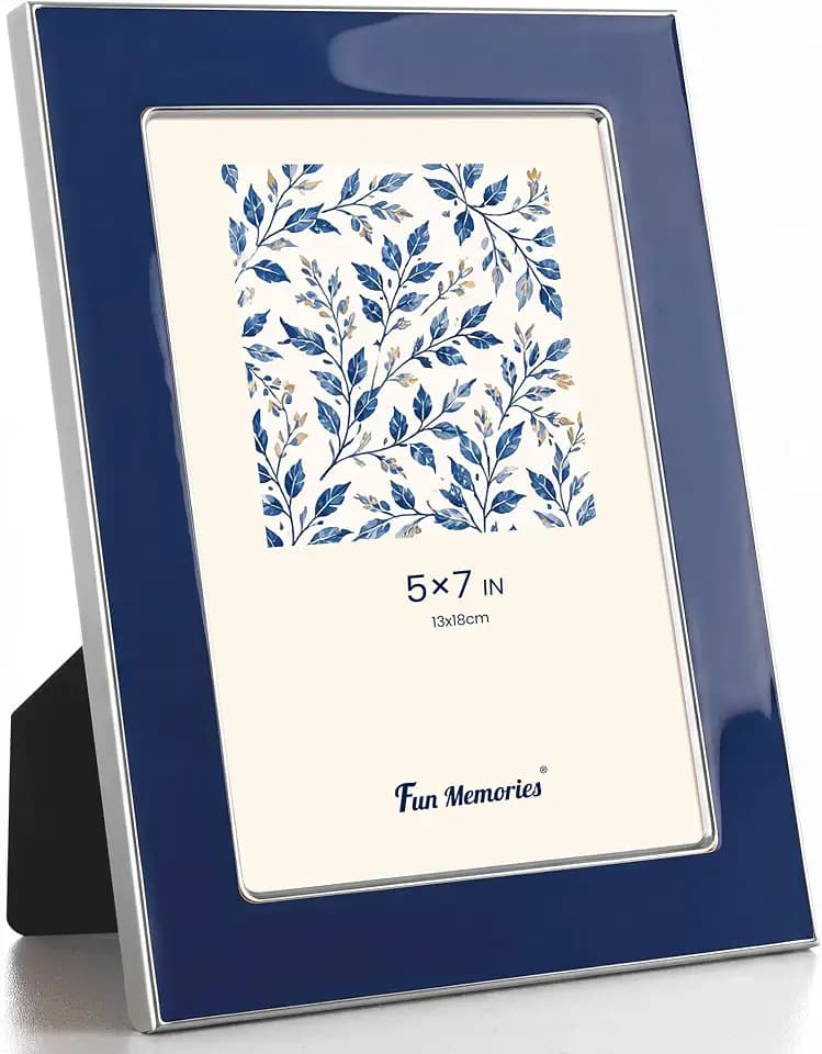 Fun Memories 5x7 Enamel Picture Frame with HD-Tempered Glass, Silver Metal Edge with Easel, Vertical & Horizontal Display, Wall and Tabletop Display Family Photo Gallery (Navy Enamel,1P)