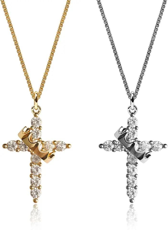 Cross Necklace for Woman, Gold Silver Plated Cross Pendant Necklaces Choker Faith Jewelry Non Tarnish Cute Simple Christian Religious Diamond Cross Necklace for Mom