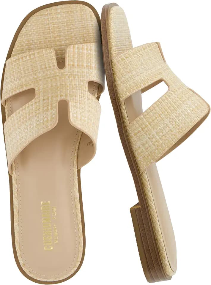 CUSHIONAIRE Voyage Cutout Strap Slides for Women, Slip On Summer Flats, Trendy Footwear, Memory Foam Vegan Leather Comfortable Vacation Style Sandals