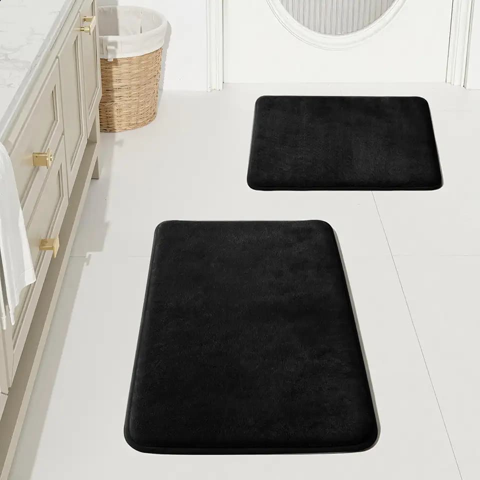 HUXMEYSON Bathroom Rugs Sets 2 Piece, Non-Slip & Quick Dry Bath Mat Set, Ultra Soft Velvet Bath Rugs for Bathroom, Toilet and Shower Floor, Black