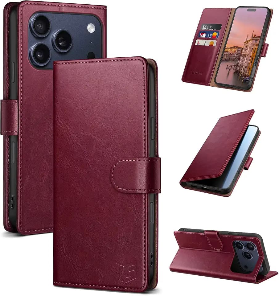 SUANPOT Compatible with iPhone 17 Pro Max 6.9" Wallet case with RFID Blocking Credit Card Holder,Flip Book PU Leather Protective Cover Men Women for Apple 17 Pro Max Phone case Wine Red Color