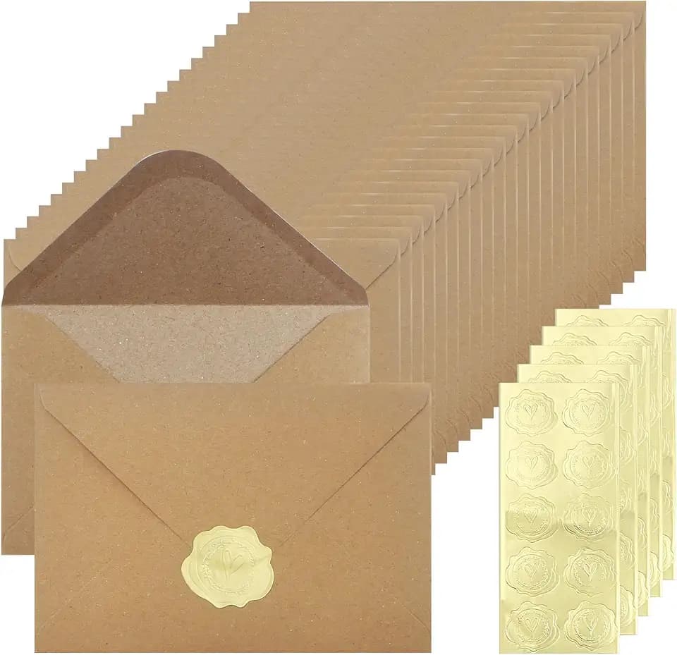 Kraftpapier Umschläge 50 Stück Braun Briefumschläge 120 g DIN C6 (162 * 114cm) Vintage Briefumschläge Umschlag ohne Fenster mit Siegelaufkleber für Weihnachten Valentinstag Geschenkkarten