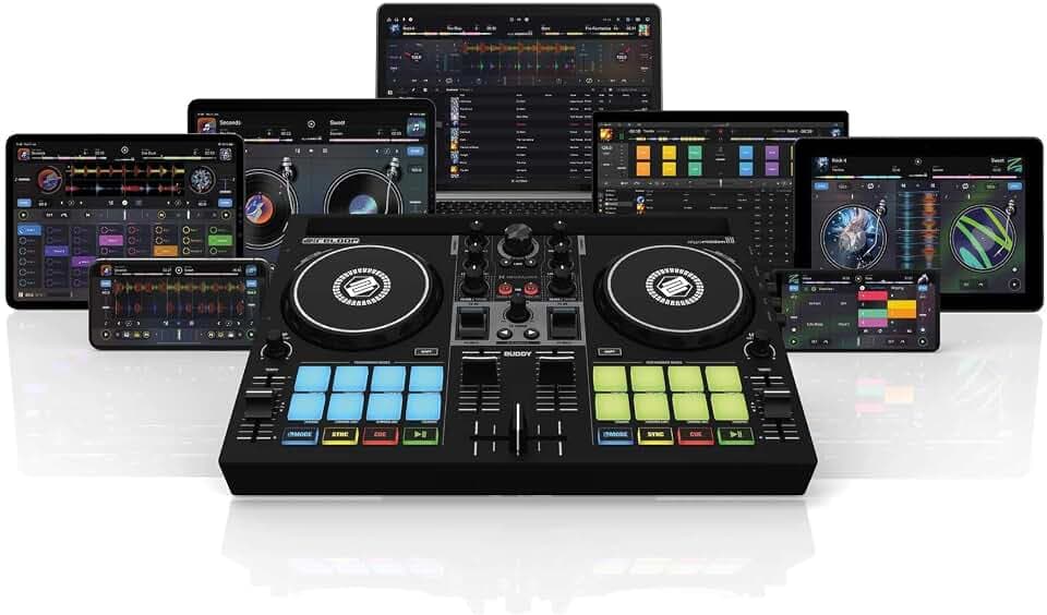 Reloop Buddy Kompakter 2-Kanal DJ Controller für Algoriddim DJay auf iOS, iPadOS, Android, Mac und PC mit RGB Performance Pads, FX Paddel und Neural Mix Steuerung, schwarz