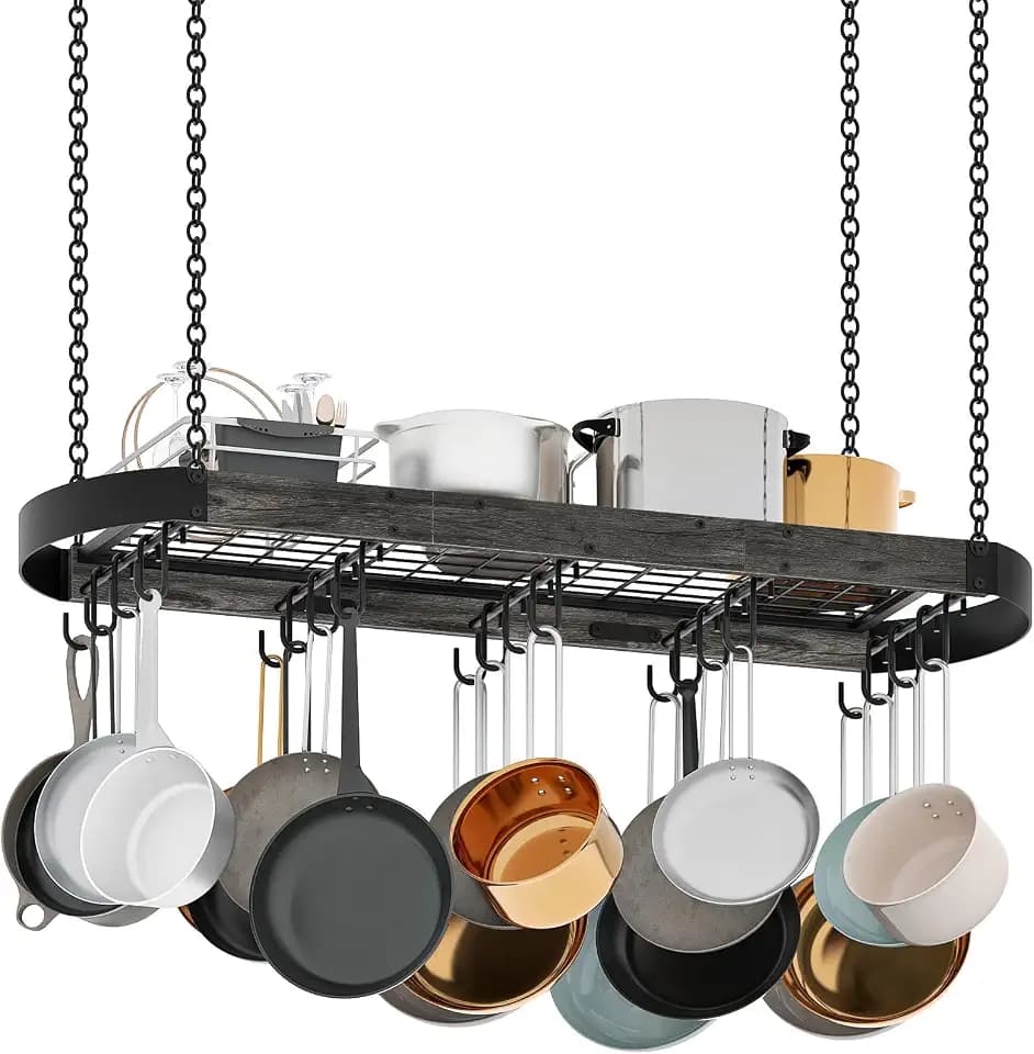 CHOEZON 39.4-Inch Hanging Pot Rack, Space-Saving Pot Hanger for Kitchen, Ceiling Pan Hanging Rack with 16 Detachable S Hooks, Sturdy Metal Frame, Industrial Style, Charcoal Black and Black TPR10BC