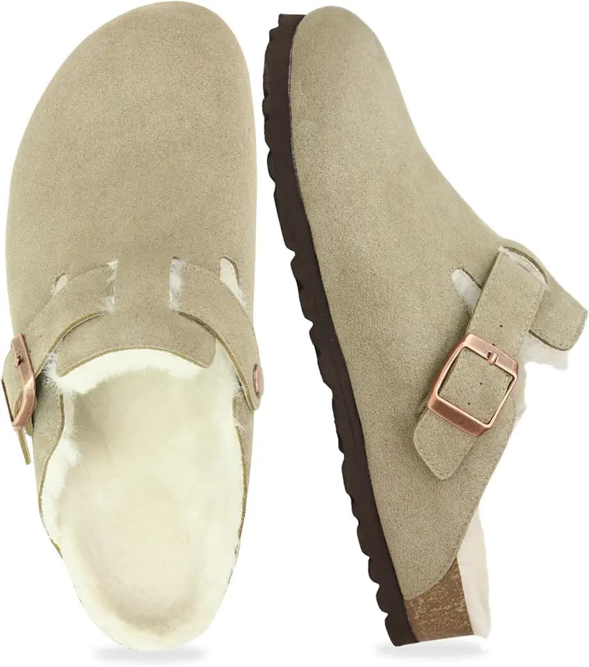 Fur Lined Suede Clogs for Women Men, Slip-On Fuzzy Slippers with Adjustable Strap, Platform Leather Mules Shoes with Arch Support for Fall Winter - Wide Fit (Taupe/Beige/Brown)