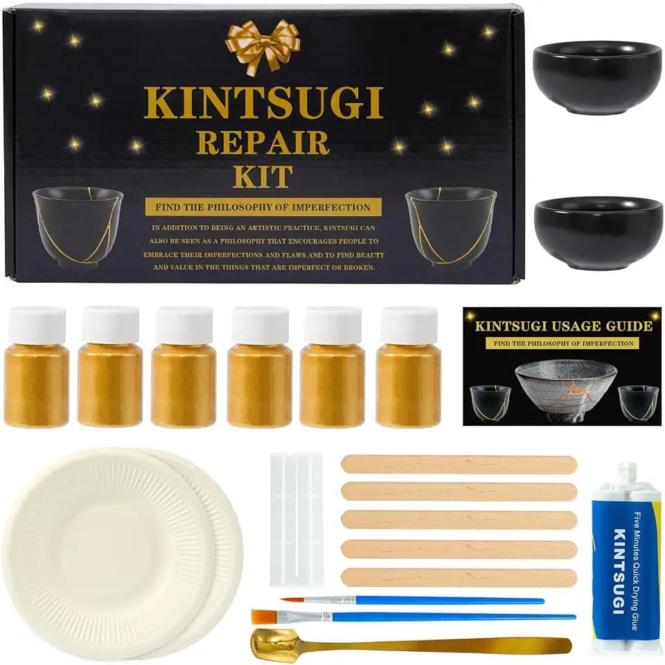 deuvuo Kintsugi Reparatur Set, 21 Pcs Japanisches Kintsugi Set Gold Zum Einfachen Wiederbeleben Ihrer Zerbrochenen Keramik, Porzellan, Tasse, Schüssel, Glas, Vase - Kintsugi Repair Kit Für Anfänger