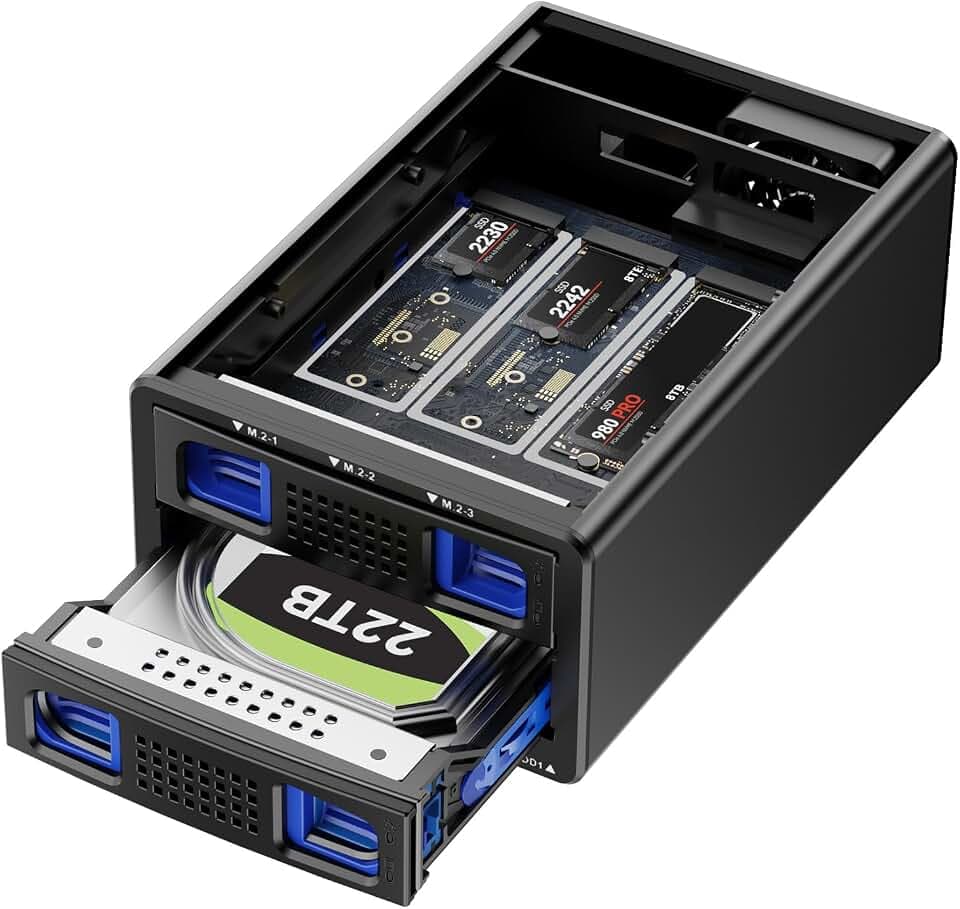 Hybrid 3.5 HDD+3*M.2 NVMe Gehäuse mit Lüfter für 2.5/3.5" SATA HDD/SSD, USB3.2 Gen2 10Gbps Festplattengehäuse unterstützt 2230/42/60/80/110 SSD mit 46TB Kapazität