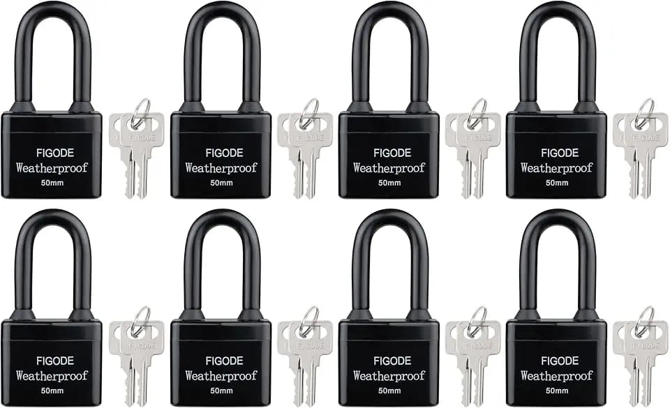 FIGODE® Outdoor Waterproof Padlocks, Covered Heavy Duty Laminated Steel Locks, Large Sturdy Locks, 2.2 in. Wide, 8 Locks Same Key, Long Padlocks