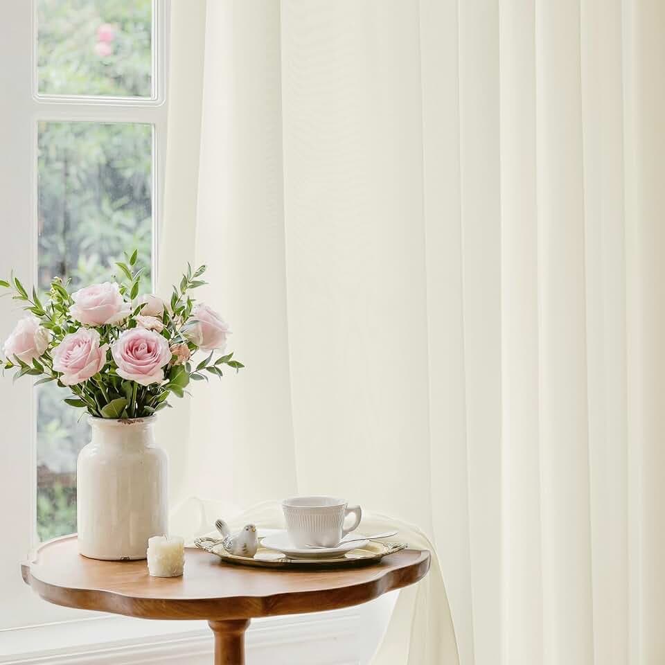 Beauoop Warm Cream Semi Sheer Curtains for Living Room 52x90 2 Panels