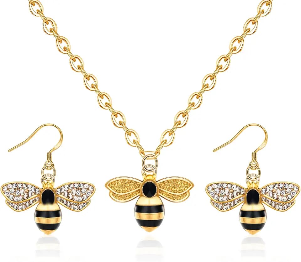PLwelth Gold Bee Jewelry Set for Women Sparkle Bumblebee Necklace Bee Honeycomb Dangle Earrings Birthday Christmas Gifts