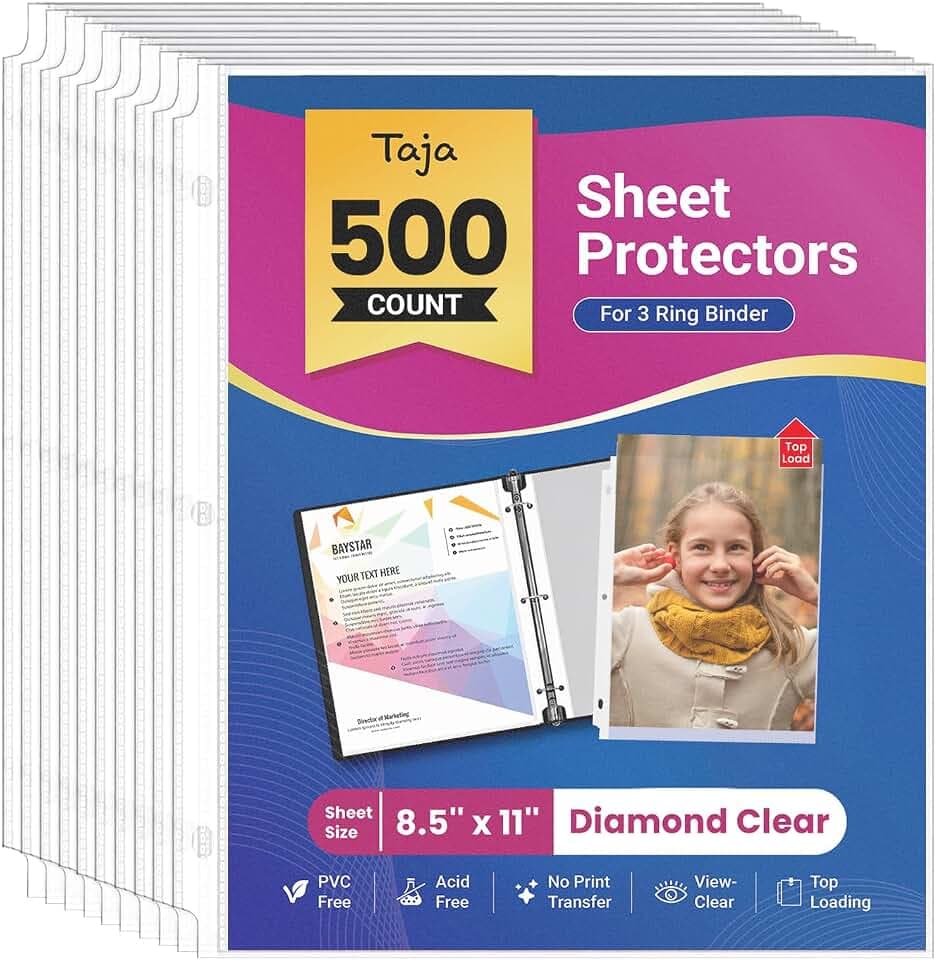 Taja Sheet Protectors for 3 Ring Binder, Non-Glare Page Protector, 500 Pack