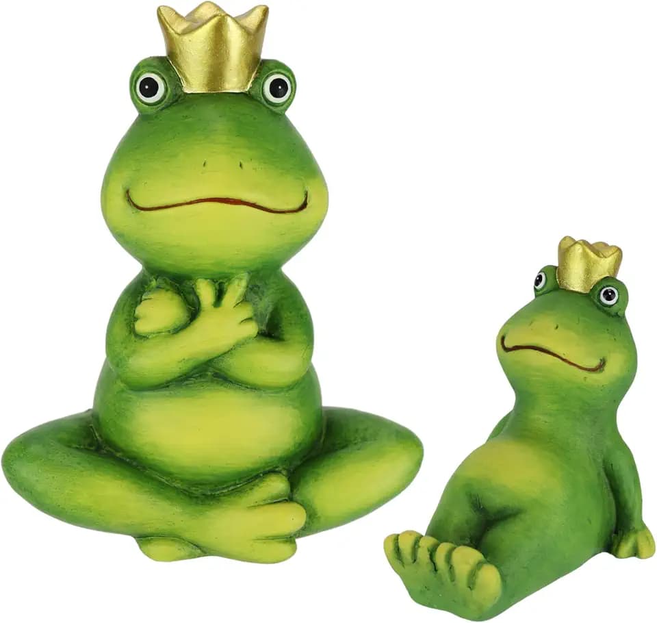 Deko Garten Figur Froschkönig 2er Set 9+18 cm Frosch Terrakotta Grün mit Gold-Krone Dekofigur Märchenfrosch Gartendeko Tierfigur für Frühling Sommer Herbst Garten Deko Statue Gartenfigur, Mit Krone