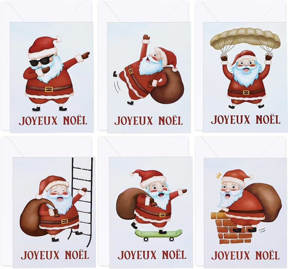 Französisch 6 Stück Grußkarte mit 6 Stück Umschlag Geschenkkarte Karte Postkarte Weihnachtskarte Geschenk für Weihnachten Neu Jahr Klappkarte (Weiß)