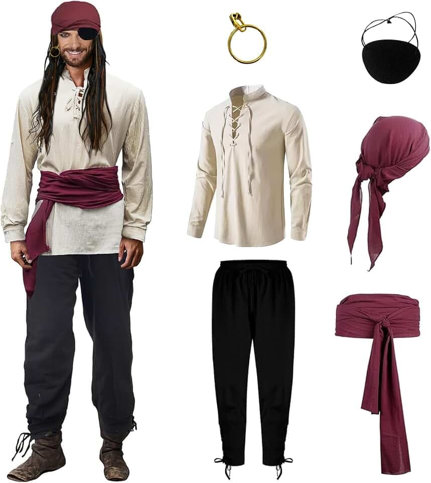 Bocguy Piratenkostüm Herren 6 Stück Piratenkostüm herren Set mit Hemd, Lang Hose, Piraten Kopftuch, Gürtel,Ohrringe für Halloween Karneval Cosplay