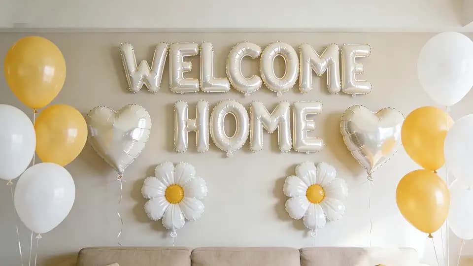 Herzlich Willkommen Zuhause Deko, Creme Beige Willkommen Zuhause Banner Folienballon mit Herz Gänseblümchen Konfetti Luftballons für Welcome Home Baby Familie Party Dekoration(24 Stück)
