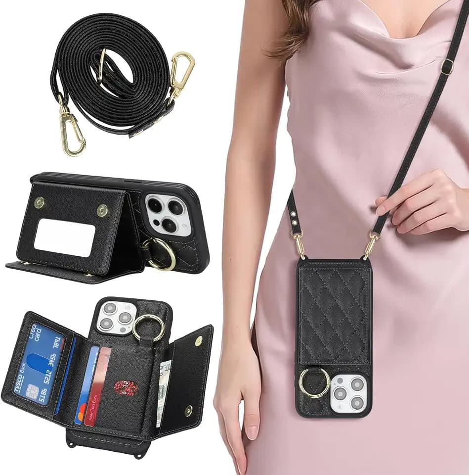 for iPhone 15 Pro Max Case with Card Holder and Strap, Black