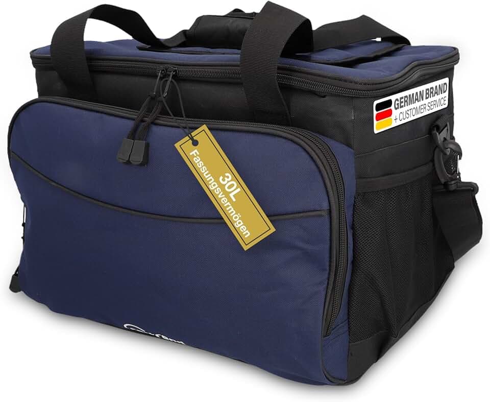 cartrend Kühltasche 30 L, mit 12V KFZ-Anschlusskabel 1,50 m lang, Verstellbarer Schultergurt, große Fronttasche mit Reißverschluss und 2 seitliche Netze, Pflegeleichte Innenbeschichtung