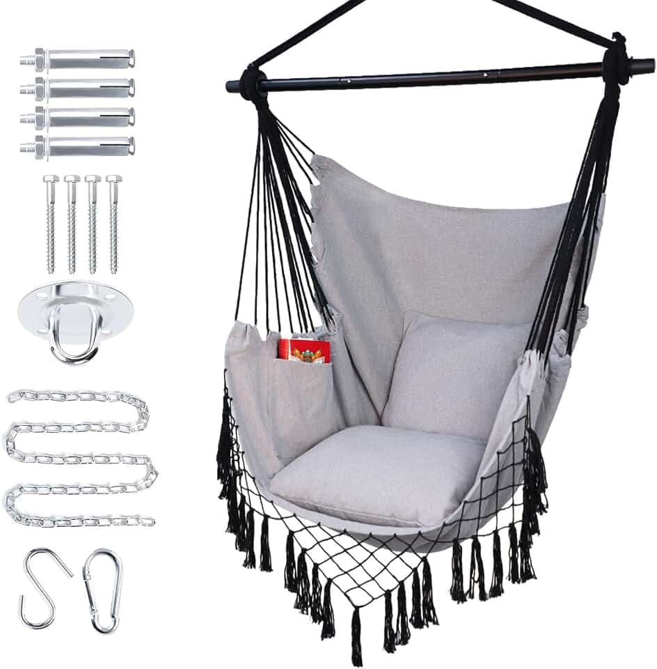 Hammock Chair Hanging Rope Swing Chair,Max 450 Lbs, Large Hanging Chair with Pocket, 2 Cushions, Removable Steel Bar, Hardware Kit Included, Superior Comfort for Indoor Outdoor (Light Grey)