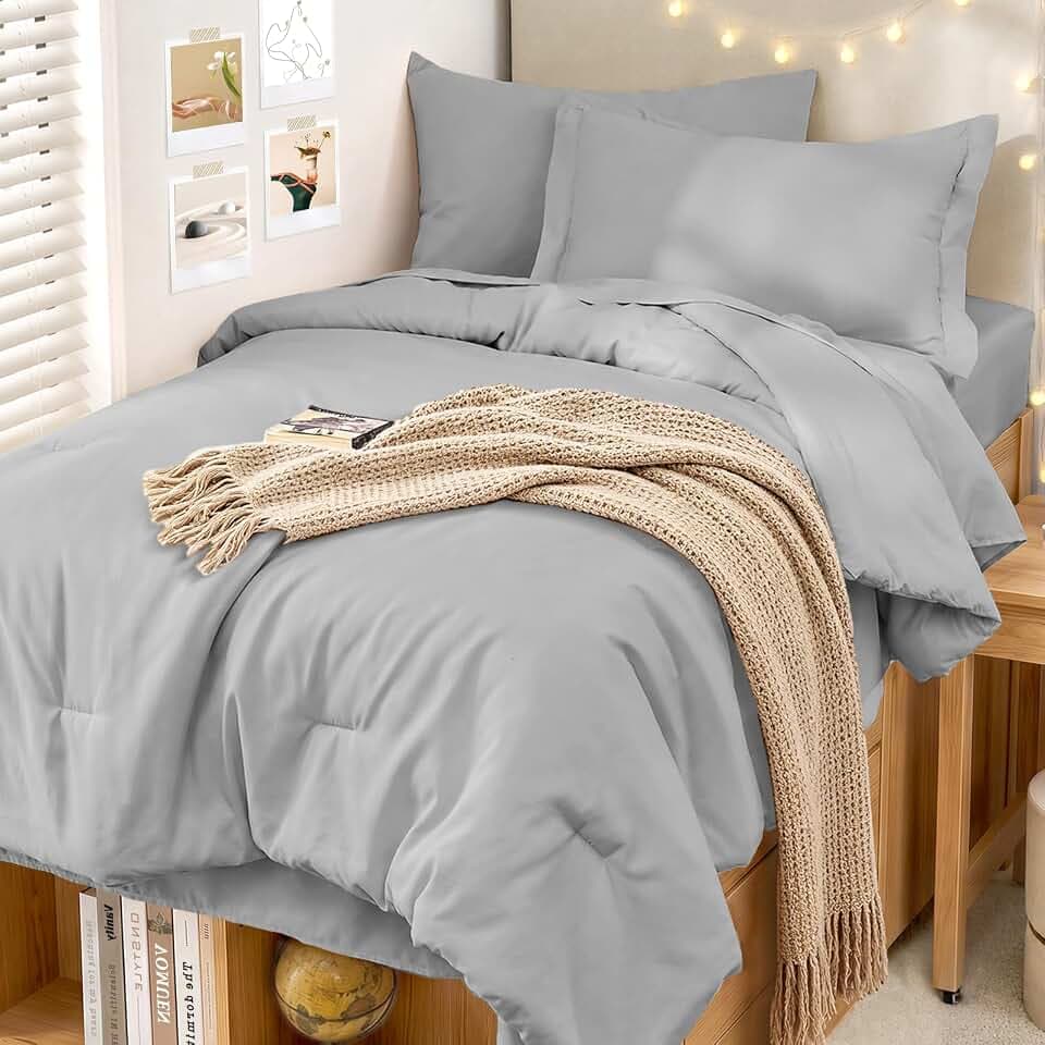 MUXHOMO 5 Pieces Twin XL Comforter Set, Soft Bed in a Bag Twin XL Size, All Season Bedding Set with Comforter, Flat Sheet, Fitted Sheet, Pillowcases & Shams, Light Grey