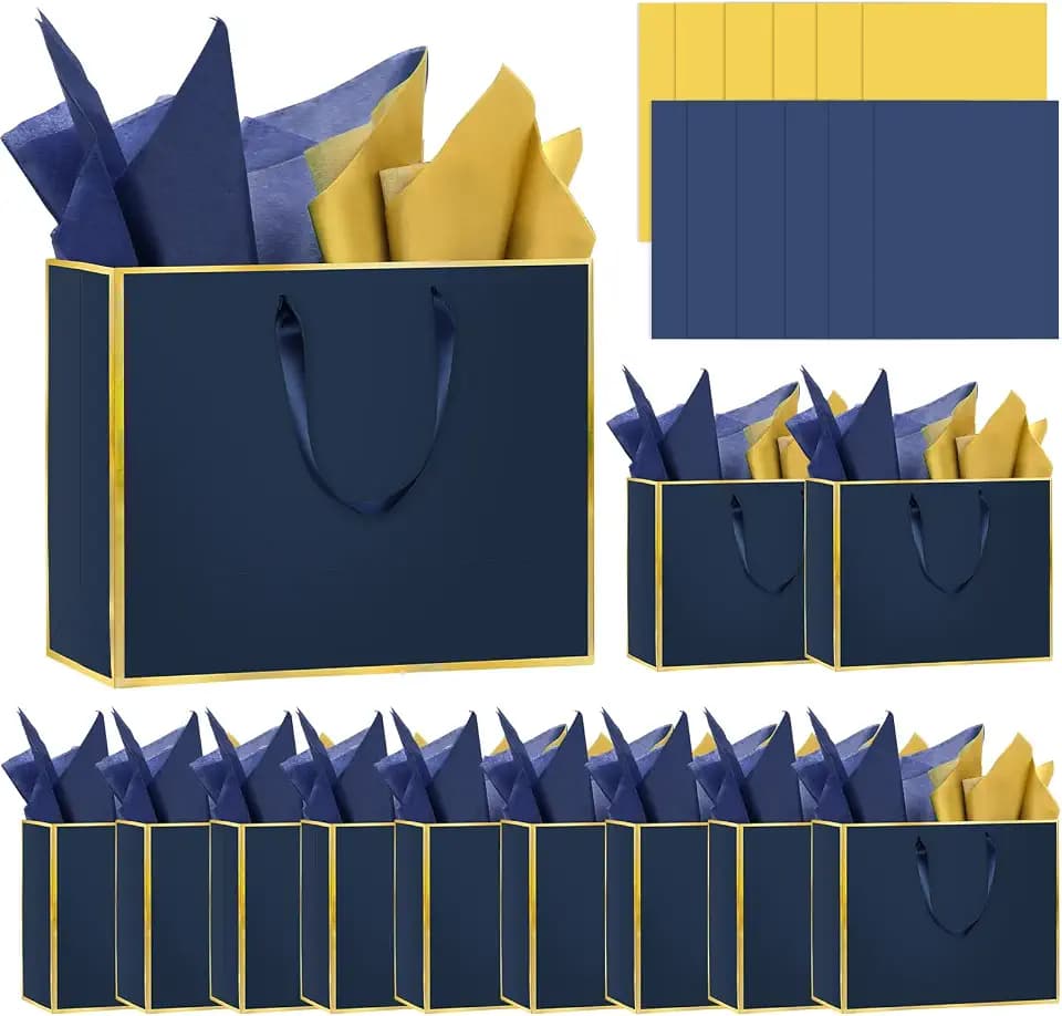Epoesch 12 Pack Elegant Navy Blue Gift Bags with Handles & 24 Tissue Papers