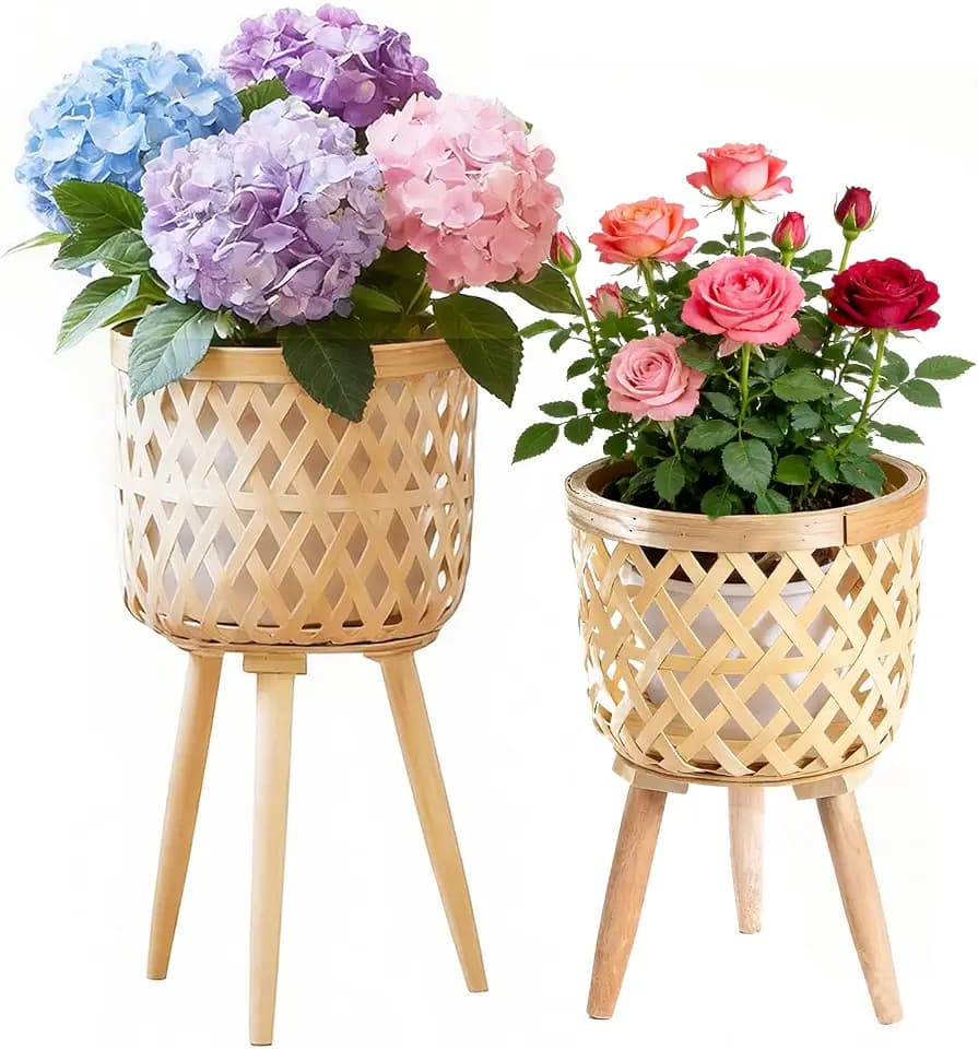 Boho Rattan Plant Stand Set of 2 – Handwoven Tall Elevated Wicker Plant Baskets for Indoor Plants, Mid-Century Modern Wooden Planter Holder with Tripod Legs, Farmhouse Home Decor