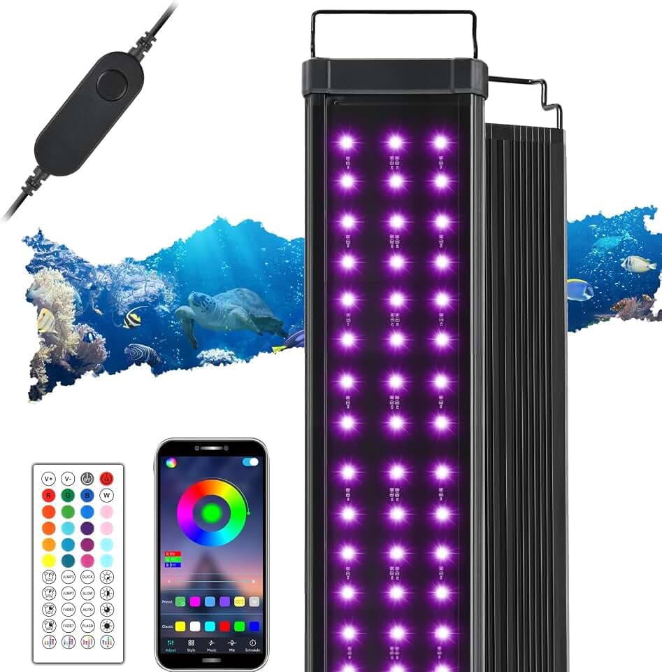 Warmfay LED Aquarium Beleuchtung, DIY Vollspektrum Aquarium Licht mit APP Steuerung Fernbedienung, Fish Tank Lamp mit Timer, 20 Farben und 10 Helligkeitsstufen, 8W Aquarium Lampe für 90-110CM Tank