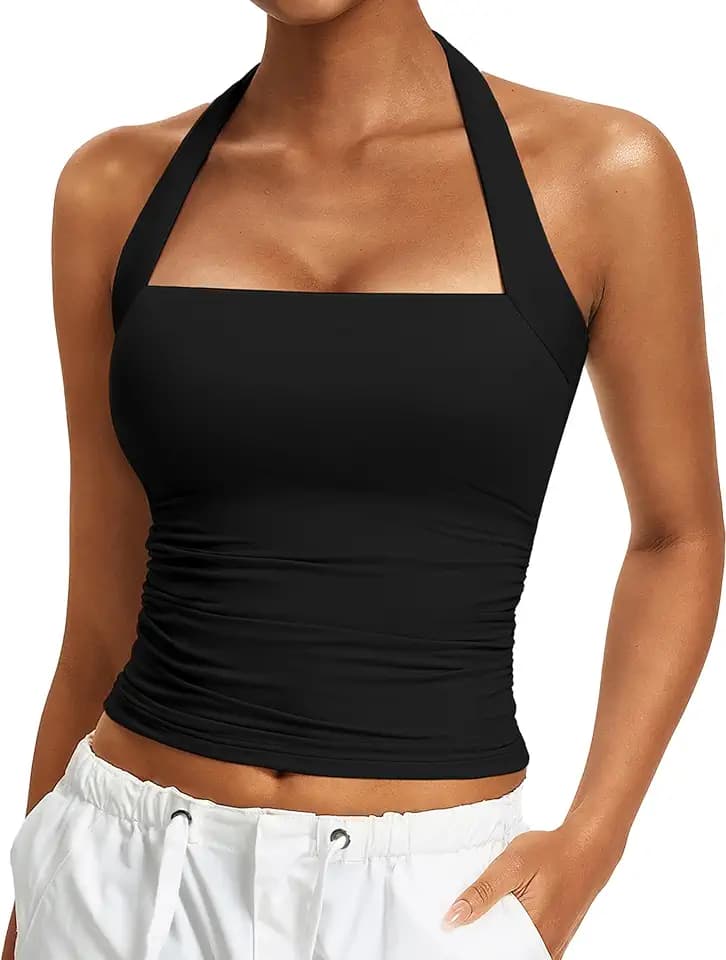 Avidlove Halter Tops for Women Summer Going Out Double Layer Square Neck Tank Top Ruched Slim Fit Y2k Outfits