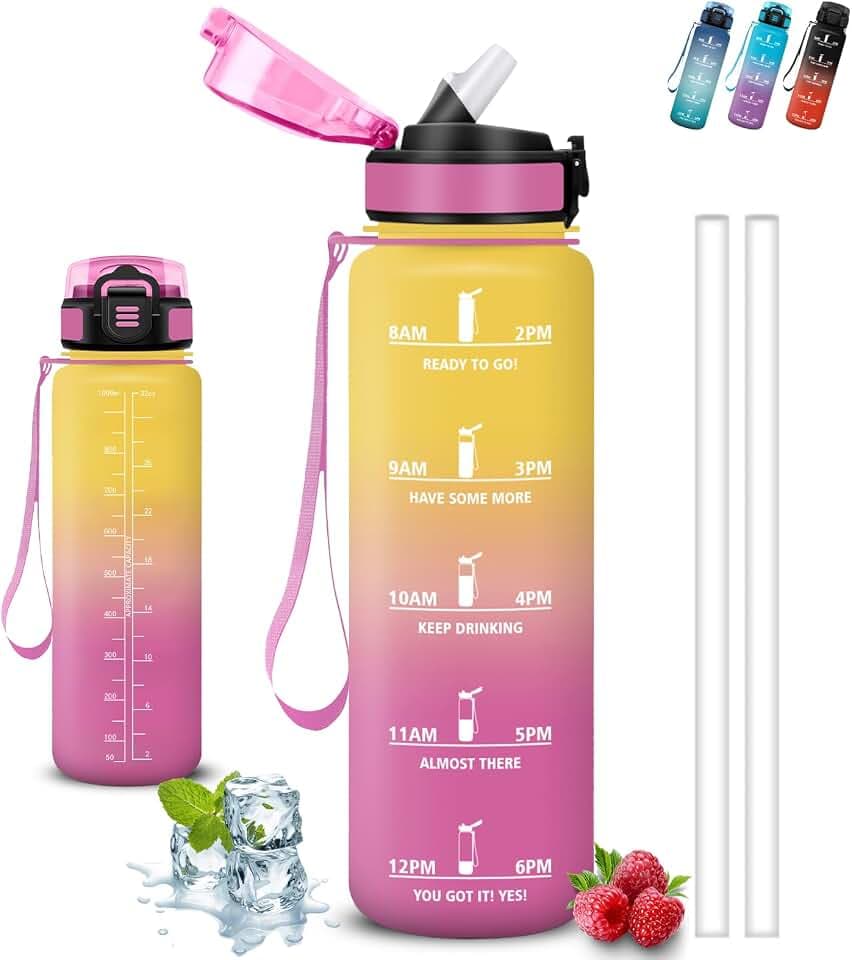 Trinkflasche 1l, Trinkflasche Sport, Trinkflasches mit Strohhalm, Leicht zu Reinigen, Trinkflasches Auslaufsicher, Kann mit dir Tragen, Trinkflasch mit Zeitmarkierung, Wasserflasche für Schule, Yoga
