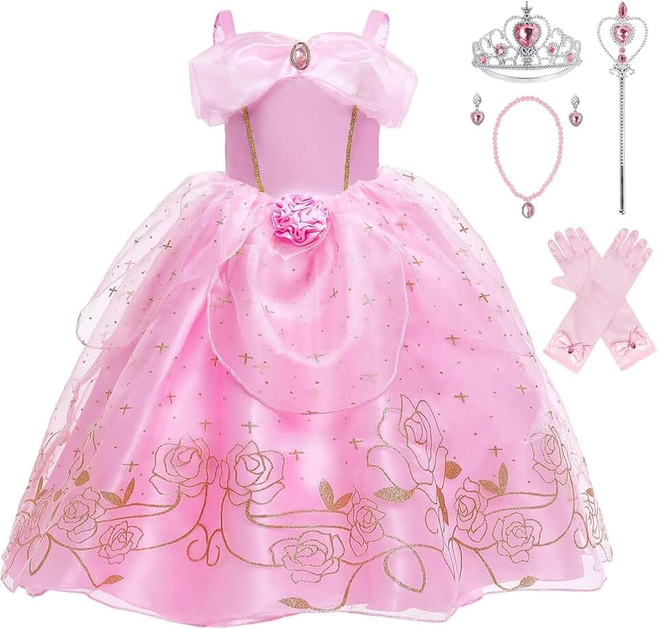 Mädchen Märchenprinzessin Kostüm Rosa Off-Shoulder Ballkleid mit Zubehör Set Karneval Fasching Kindergeburtstag Cosplay Verkleidung Größe 100–150