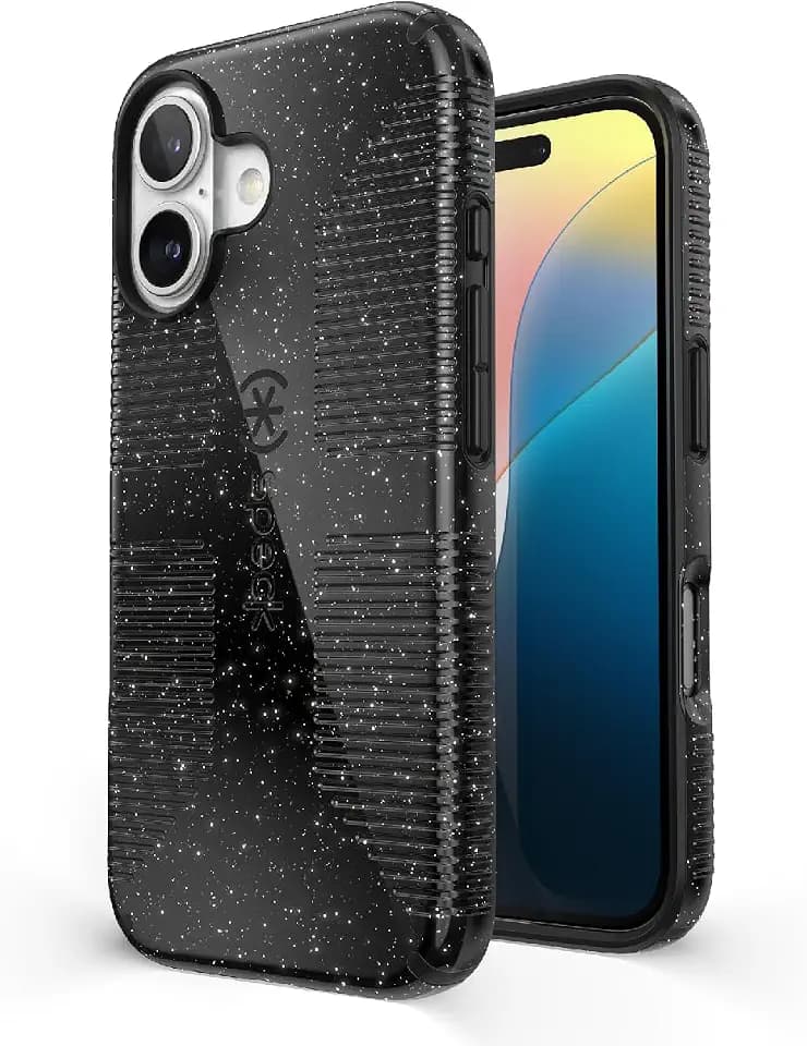 Speck CandyShell Grip iPhone 16 Case - Slim MagSafe - Black Glitter/Steel Black