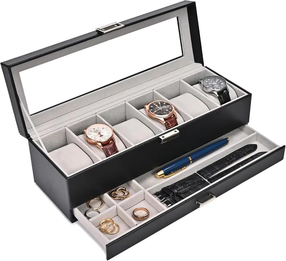 ProCase 2 Ebenen 6 Fächern Uhrenbox Uhrenkasten Watch Box mit Glasdeckel | Uhrenkasten Uhrenkoffer mit herausnehmbaren Uhrenkissen, Uhrenschatulle für Schmuck Ringe Armbänder Halsketten