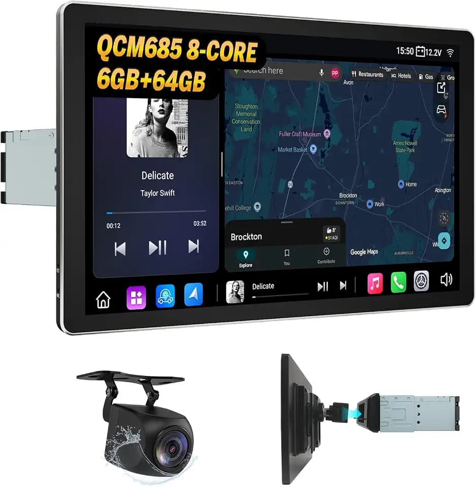 Eonon 10,95 Zoll 1-Din Android 13 6+64GB 4G LTE GPS Sat NAV Autoradio CarPlay Android Auto DSP Bluetooth, Bildschirmspiegel, geteilter Bildschirm, Rückfahrkamera SD1X6S2