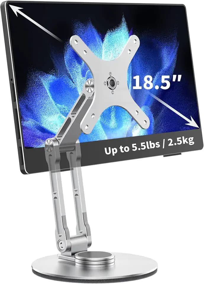 Portable Monitor Stand VESA Mount, Tilt & Rotation Joints Use Metal Hinges, Foldable Aluminum Desk Mount for 13-18.5 Inch & up to 5.5 lbs Small Monitors, Suitable for Home Office Travel (Silver)