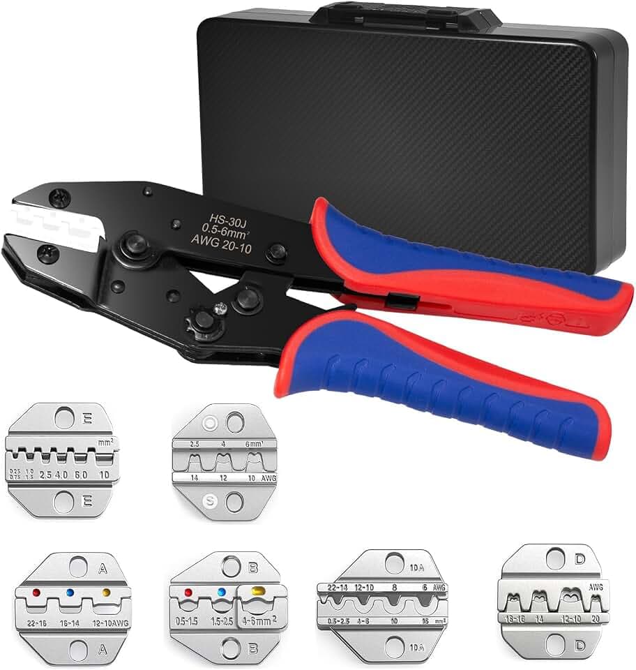 6-teiliges Ratsche-Crimpzangen-Set, geeignet für Wärmeschrumpfverbinder, isolierte/unisolierte Kabel, Aderendhülsen, offene Kabelschuhe und Solarstecker, präzise & langlebig