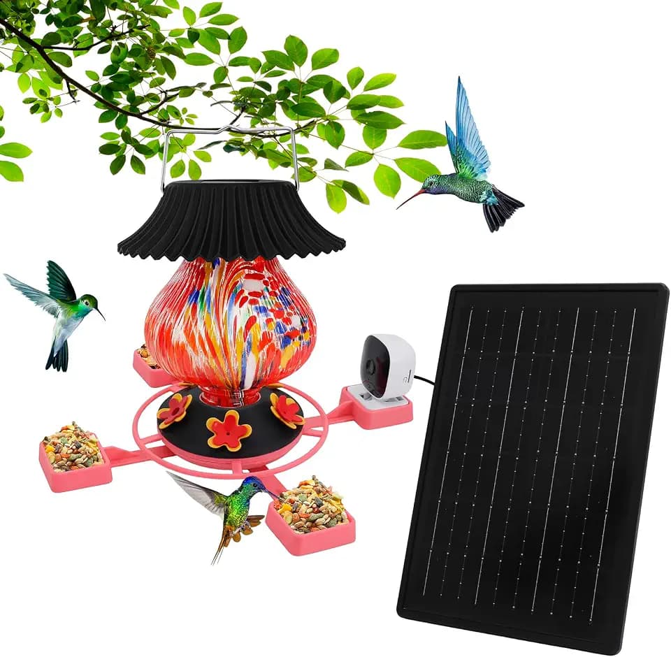 Solar Hummingbird Feeder with Camera, Hand Blown Glass Red Spark Color Changing-Never Leak, Multicolor Night Lights – Perfect Hummingbird Feeder for Outdoors for Nature Enthusiasts