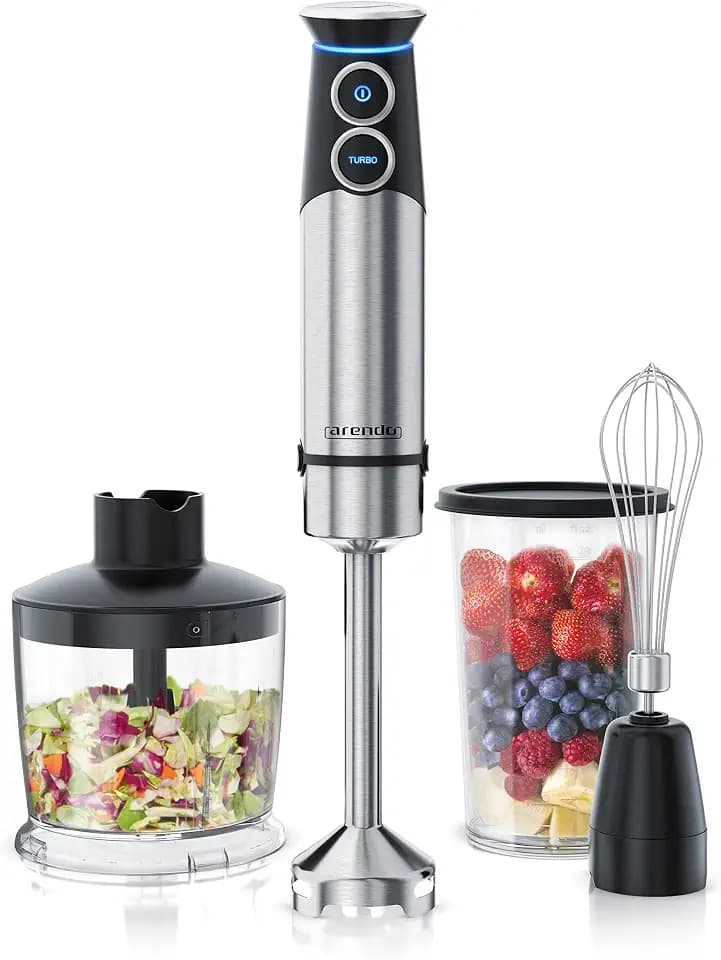 Arendo - Stabmixer Edelstahl 1500 Watt Set - Pürierstab - stufenlose Geschwindigkeit - Turbotaste – 4-flügeliges Messer - 800 ml Messbecher – Schneebesen