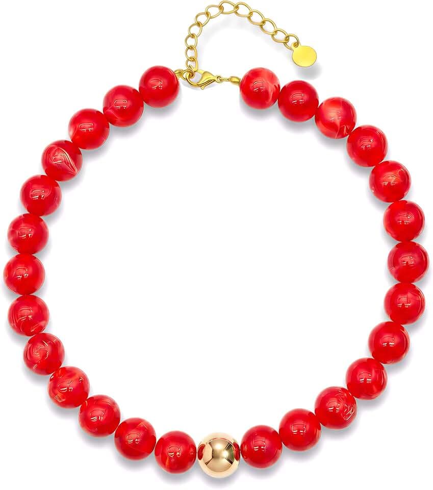 Multicolor Chunky Beaded Necklace, Statement Colorful Round Ball Beads Choker Necklace with Gold-Tone Adjustable Chain, Fashion Bold Neck Jewelry for Women