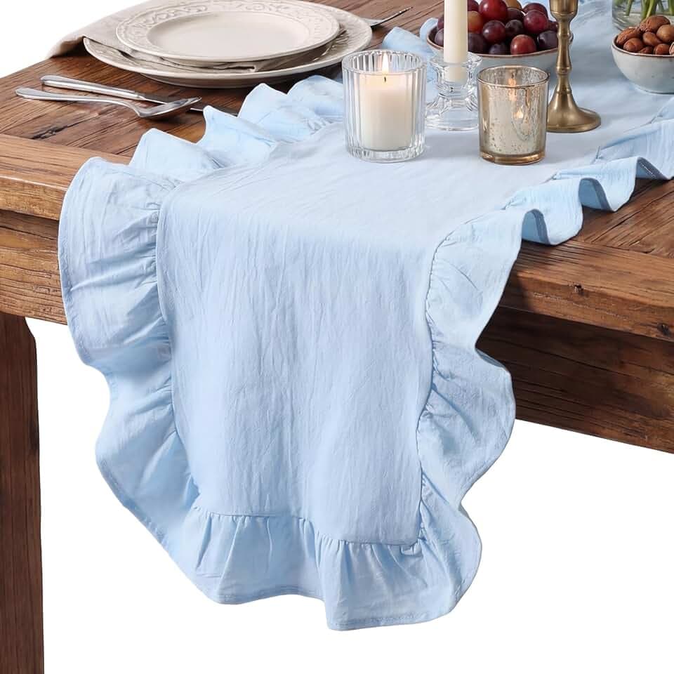 Oudain Dusty Blue Ruffled Table Runner 118 Inches Long, Scalloped Edge